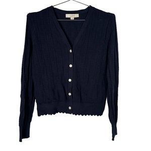 LOFT Navy Blue Scalloped Button Up Cardigan Large